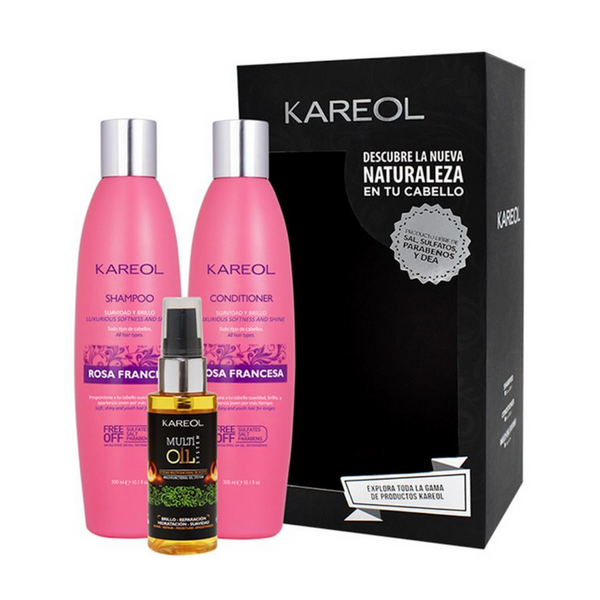 Pack Kareol Rosa Francesa Shampoo + Acondicionador 300ml + Multi Oil System 60ml